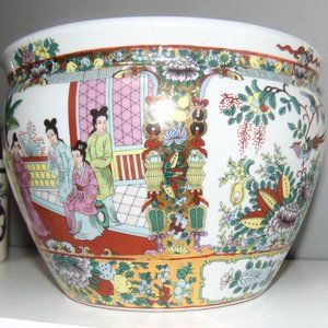 SOLD Vtg Chinese Fish Bowl Planter Pot Palace Scene Birds Flowers Famille Rose